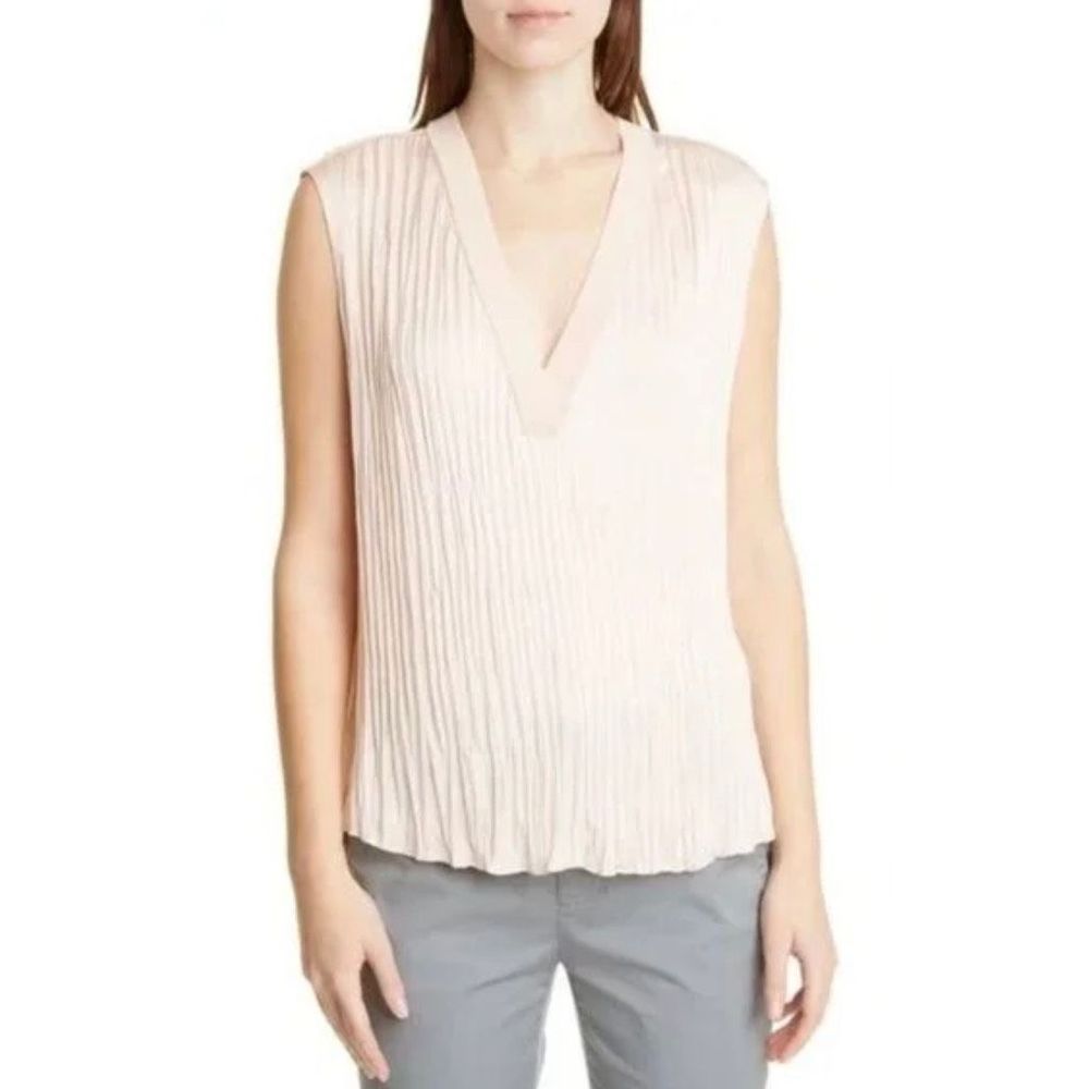 Vince Crushed Sleeveless Double V-Neck Blouse in French Rose NWT Size XL